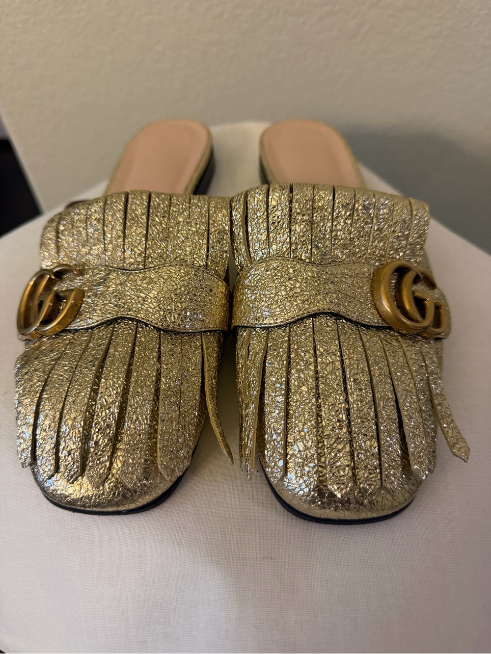 GUCCI Gold Fringe Slip-On Mules
